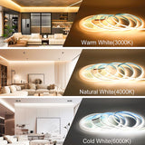 High Density COB LED Strip Lights 400LEDs 12V/24V 5M/10M Flexible with Adhesive Tape 3mm 5mm 8mm Width CRI>90